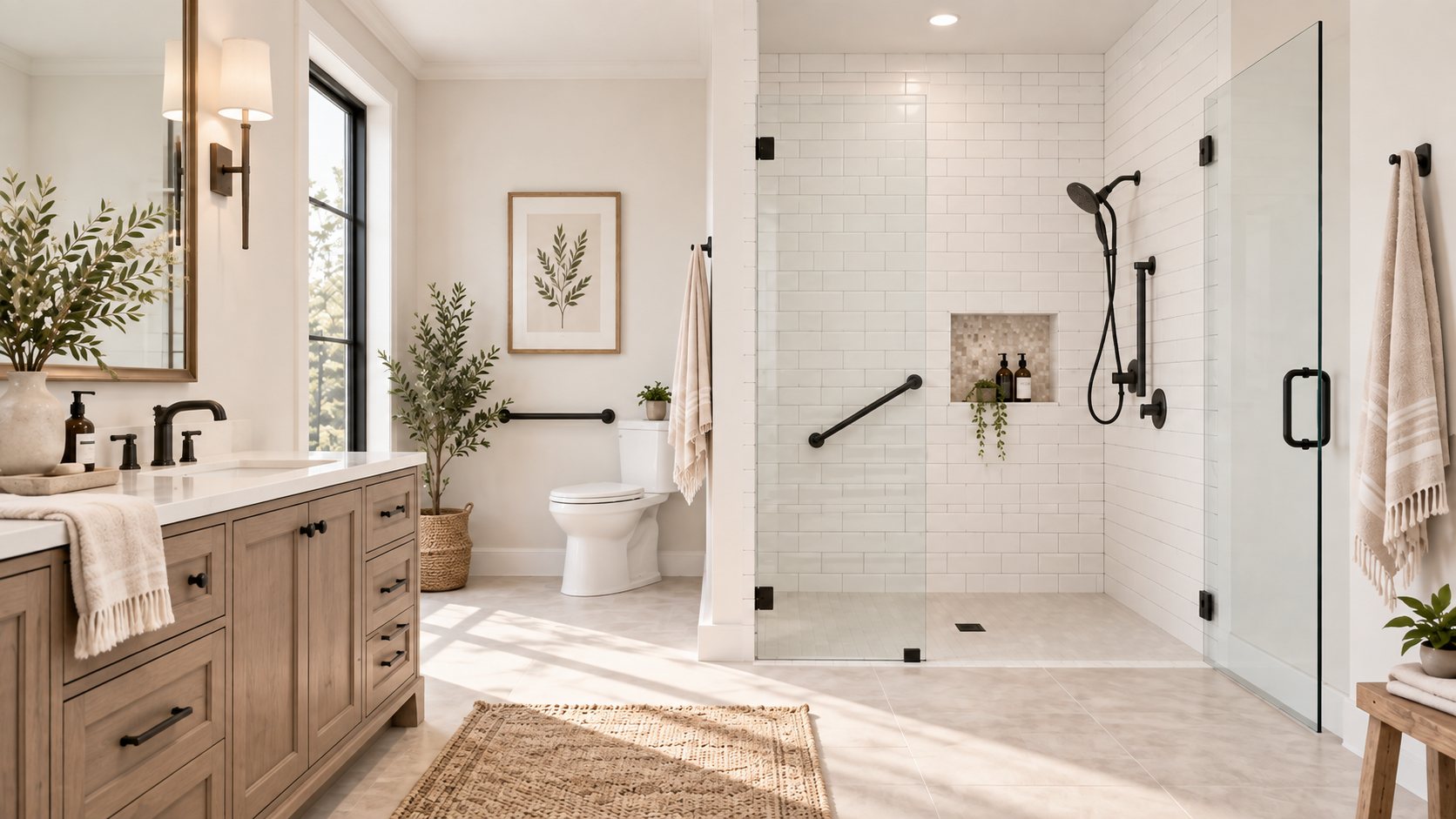 A bright bathroom with a curbless walk-in shower and grab bars