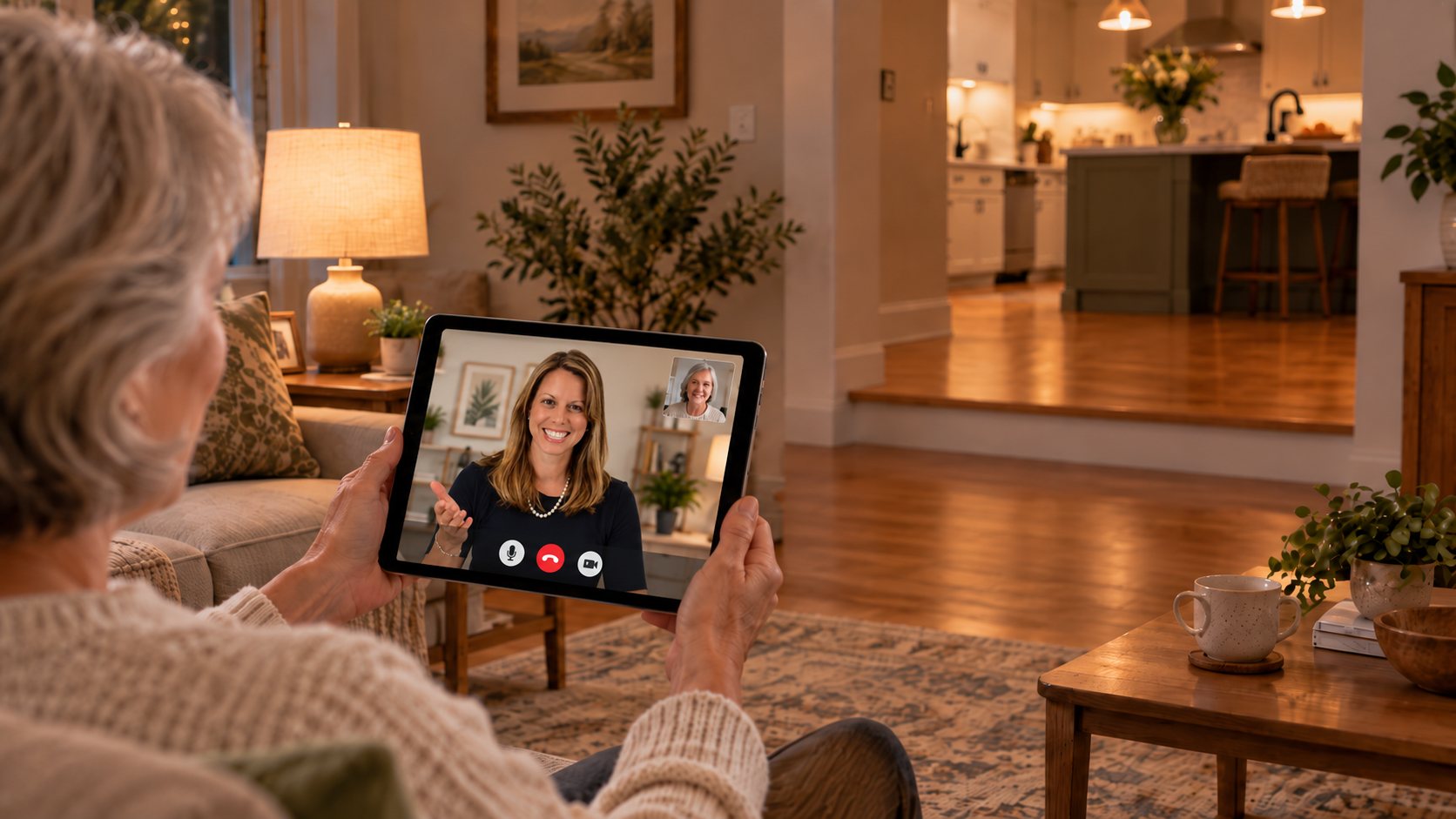 An older woman in her living room on a video call with a home specialist on a tablet