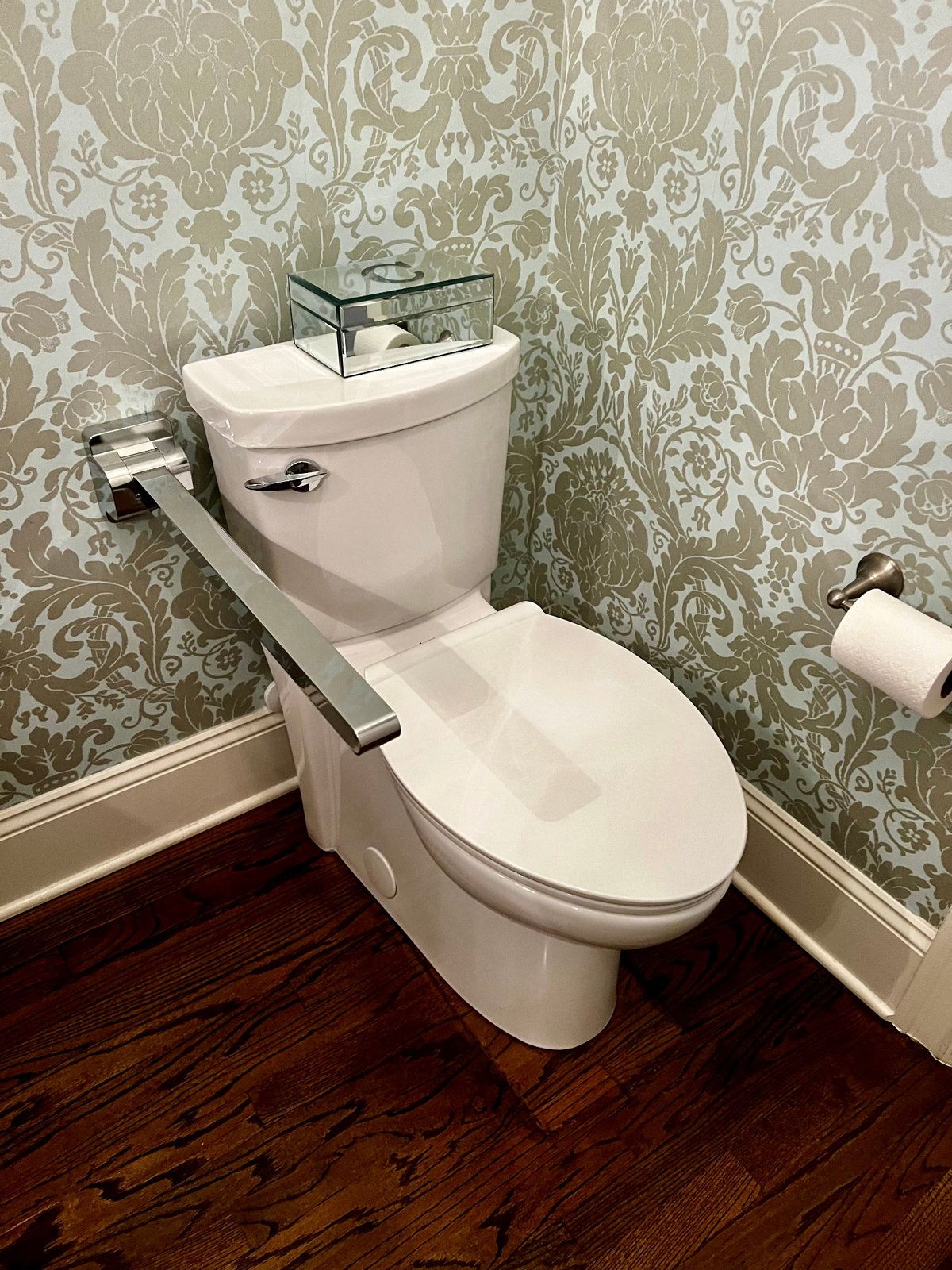 The same support rail lowered beside the toilet